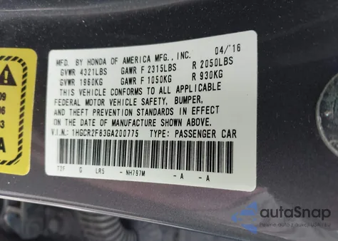 2016 Honda Accord Ex-L from USA, damaged, VIN 1HGCR2F83GA200775